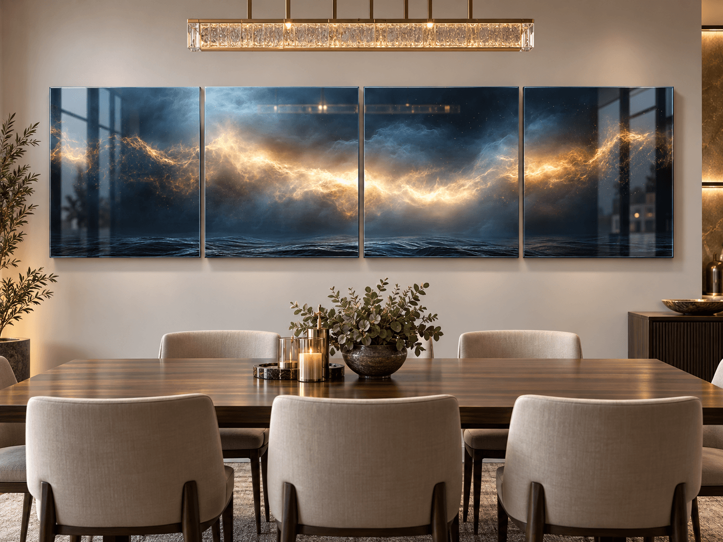 Four-panel storm seascape glass art over a dining table beneath a gold linear chandelier